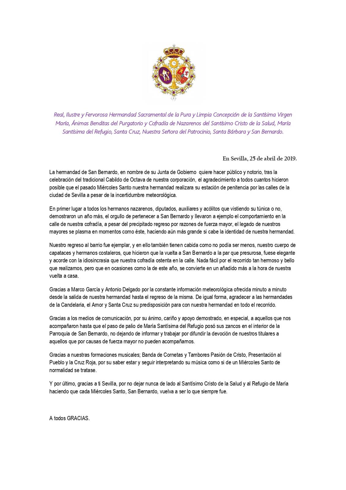 CARTA DE AGRADECIMIENTO POR EL PASADO MIÉRCOLES SANTO Hermandad de