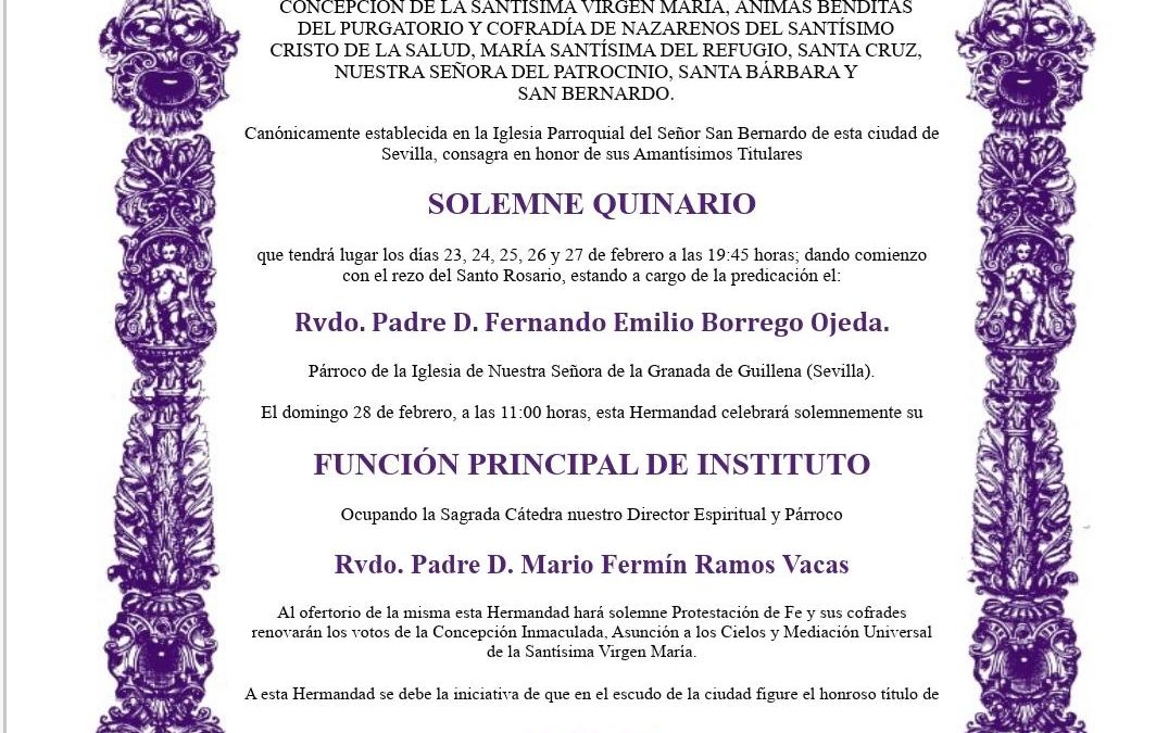 Solemne Quinario a nuestros Amantísimos Titulares y Función Principal de Instituto