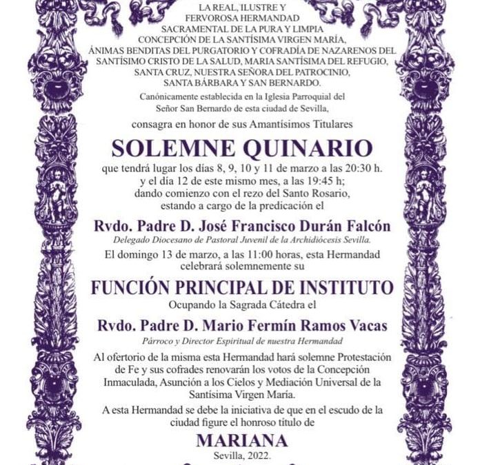 Solemne Quinario a nuestros Amantísimos Titulares y Función Principal de Instituto